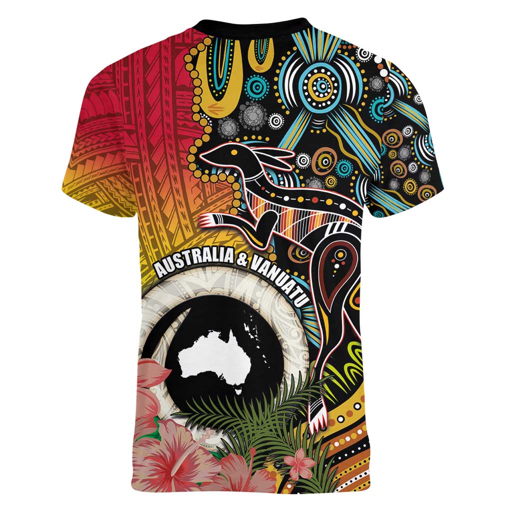 Vanuatu and Australia Together Women V-Neck T-Shirt Kangaroo with Pig Tusk Indigenous Pattern