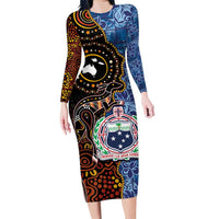 Samoa and Australia Together Family Matching Long Sleeve Bodycon Dress and Hawaiian Shirt Kangaroo and Tribal Hibiscus Aboriginal Pattern LT03 Mom's Dress Blue - Polynesian Pride