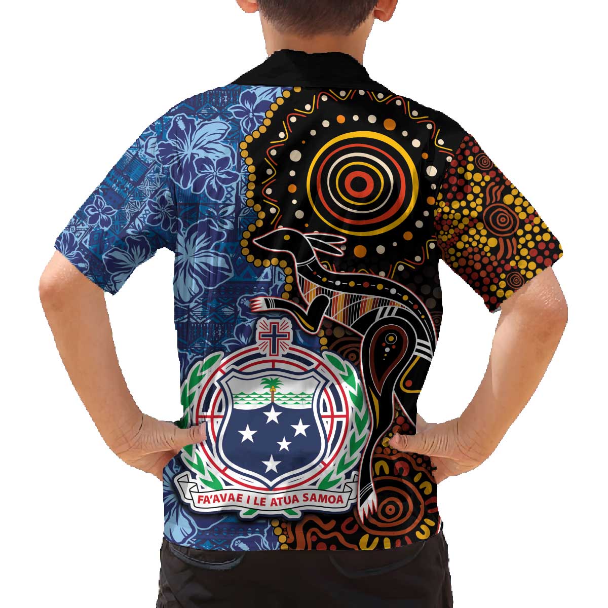 Samoa and Australia Together Family Matching Off The Shoulder Long Sleeve Dress and Hawaiian Shirt Kangaroo and Tribal Hibiscus Aboriginal Pattern LT03 - Polynesian Pride