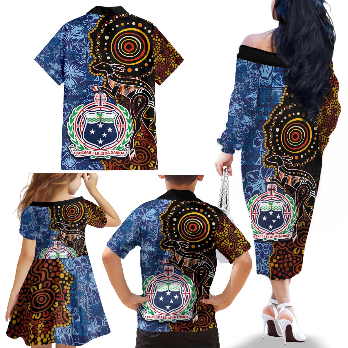 Samoa and Australia Together Family Matching Off The Shoulder Long Sleeve Dress and Hawaiian Shirt Kangaroo and Tribal Hibiscus Aboriginal Pattern LT03 - Polynesian Pride