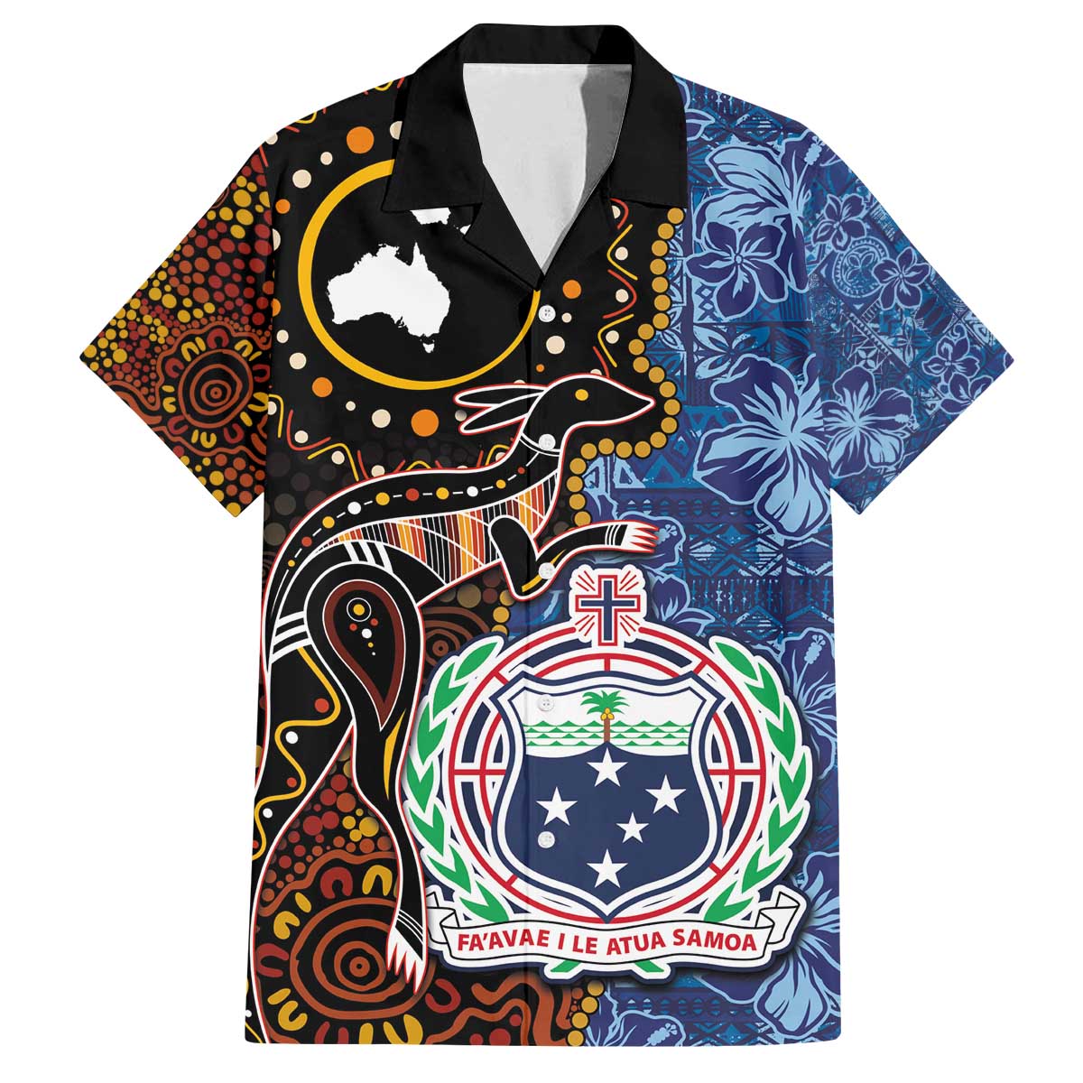 Samoa and Australia Together Family Matching Off The Shoulder Long Sleeve Dress and Hawaiian Shirt Kangaroo and Tribal Hibiscus Aboriginal Pattern LT03 Dad's Shirt - Short Sleeve Blue - Polynesian Pride