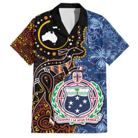 Samoa and Australia Together Family Matching Off The Shoulder Long Sleeve Dress and Hawaiian Shirt Kangaroo and Tribal Hibiscus Aboriginal Pattern LT03 Dad's Shirt - Short Sleeve Blue - Polynesian Pride