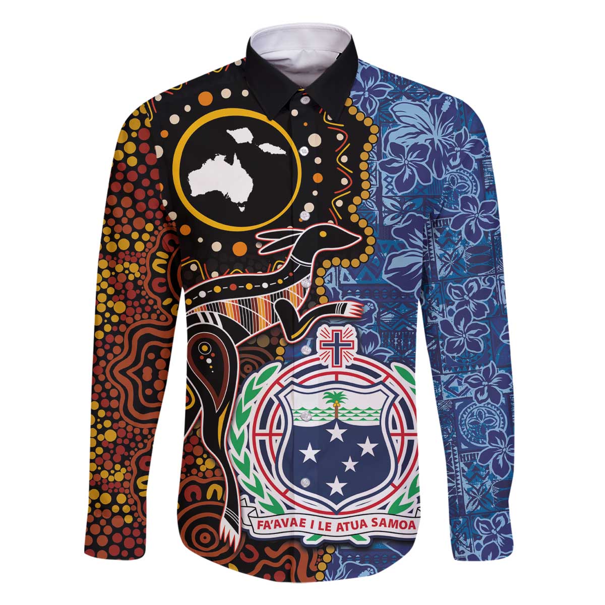 Samoa and Australia Together Family Matching Off The Shoulder Long Sleeve Dress and Hawaiian Shirt Kangaroo and Tribal Hibiscus Aboriginal Pattern LT03 Dad's Shirt - Long Sleeve Blue - Polynesian Pride