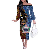 Samoa and Australia Together Family Matching Off The Shoulder Long Sleeve Dress and Hawaiian Shirt Kangaroo and Tribal Hibiscus Aboriginal Pattern LT03 Mom's Dress Blue - Polynesian Pride