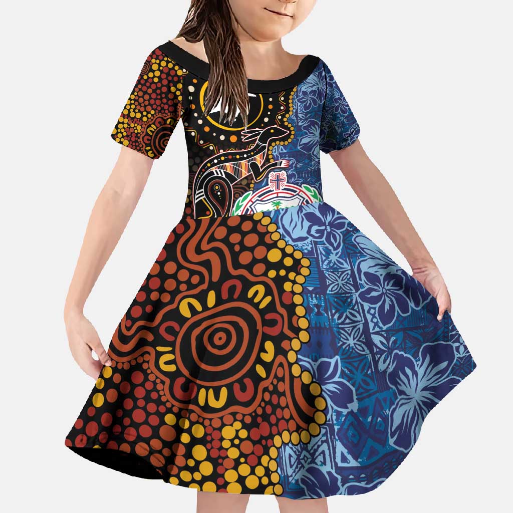 Samoa and Australia Together Family Matching Short Sleeve Bodycon Dress and Hawaiian Shirt Kangaroo and Tribal Hibiscus Aboriginal Pattern LT03 Daughter's Dress Blue - Polynesian Pride
