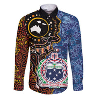 Samoa and Australia Together Family Matching Short Sleeve Bodycon Dress and Hawaiian Shirt Kangaroo and Tribal Hibiscus Aboriginal Pattern LT03 Dad's Shirt - Long Sleeve Blue - Polynesian Pride