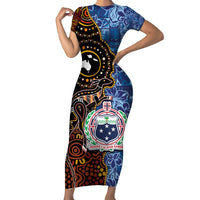 Samoa and Australia Together Family Matching Short Sleeve Bodycon Dress and Hawaiian Shirt Kangaroo and Tribal Hibiscus Aboriginal Pattern LT03 Mom's Dress Blue - Polynesian Pride