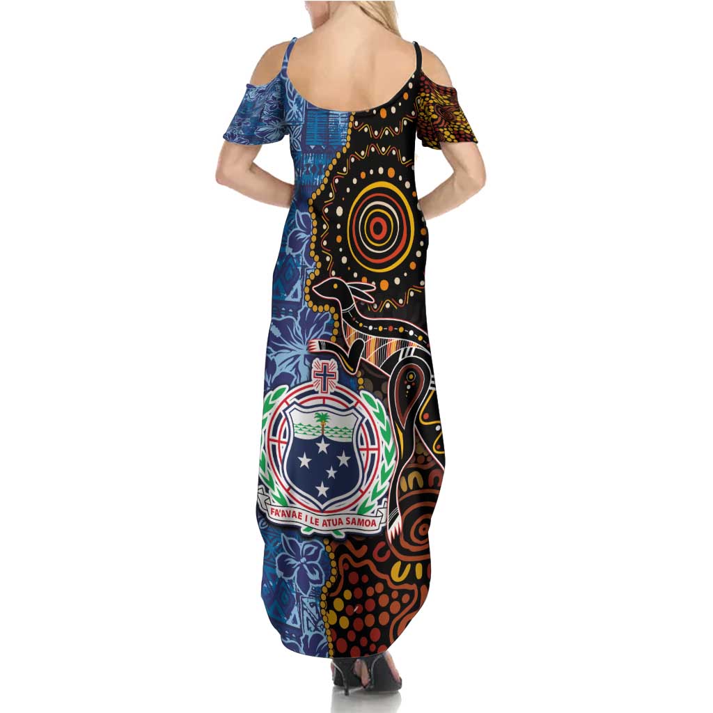 Samoa and Australia Together Family Matching Summer Maxi Dress and Hawaiian Shirt Kangaroo and Tribal Hibiscus Aboriginal Pattern