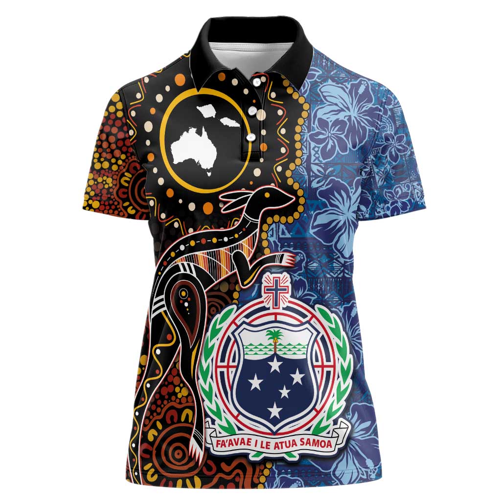Samoa and Australia Together Women Polo Shirt Kangaroo and Tribal Hibiscus Aboriginal Pattern LT03 Female Blue - Polynesian Pride