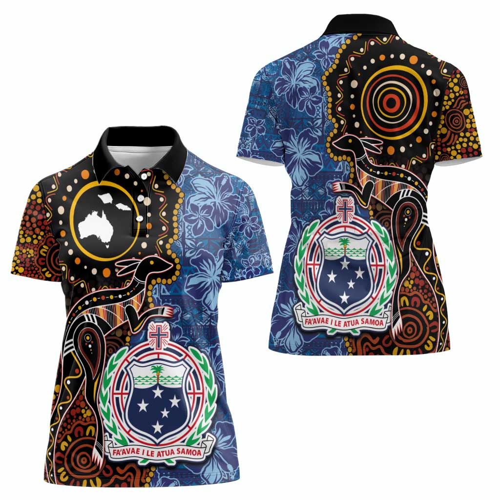 Samoa and Australia Together Women Polo Shirt Kangaroo and Tribal Hibiscus Aboriginal Pattern LT03 - Polynesian Pride