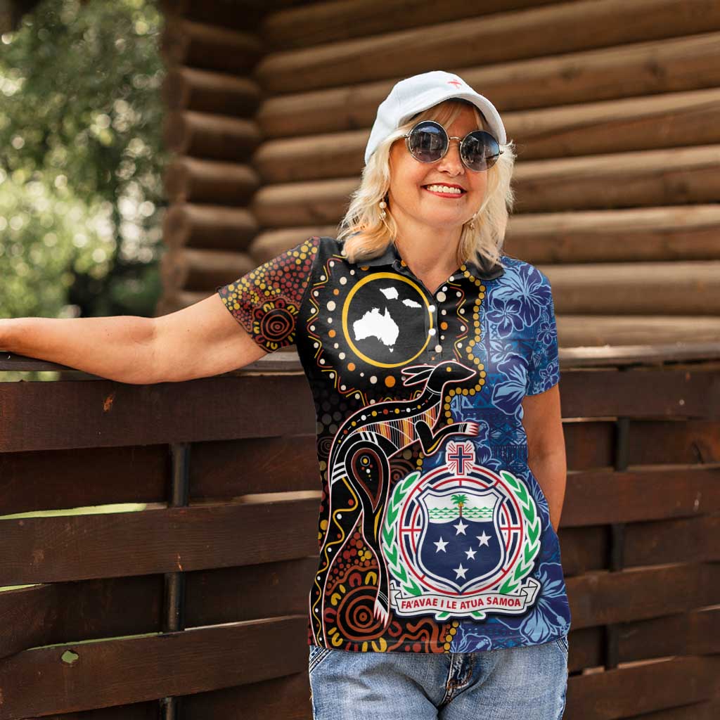 Samoa and Australia Together Women Polo Shirt Kangaroo and Tribal Hibiscus Aboriginal Pattern LT03 - Polynesian Pride