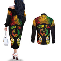 Personalised Pohnpei Independence Day Couples Matching Off The Shoulder Long Sleeve Dress and Long Sleeve Button Shirt Polynesian Tattoo and Plumeria Reggae Color LT03 - Polynesian Pride