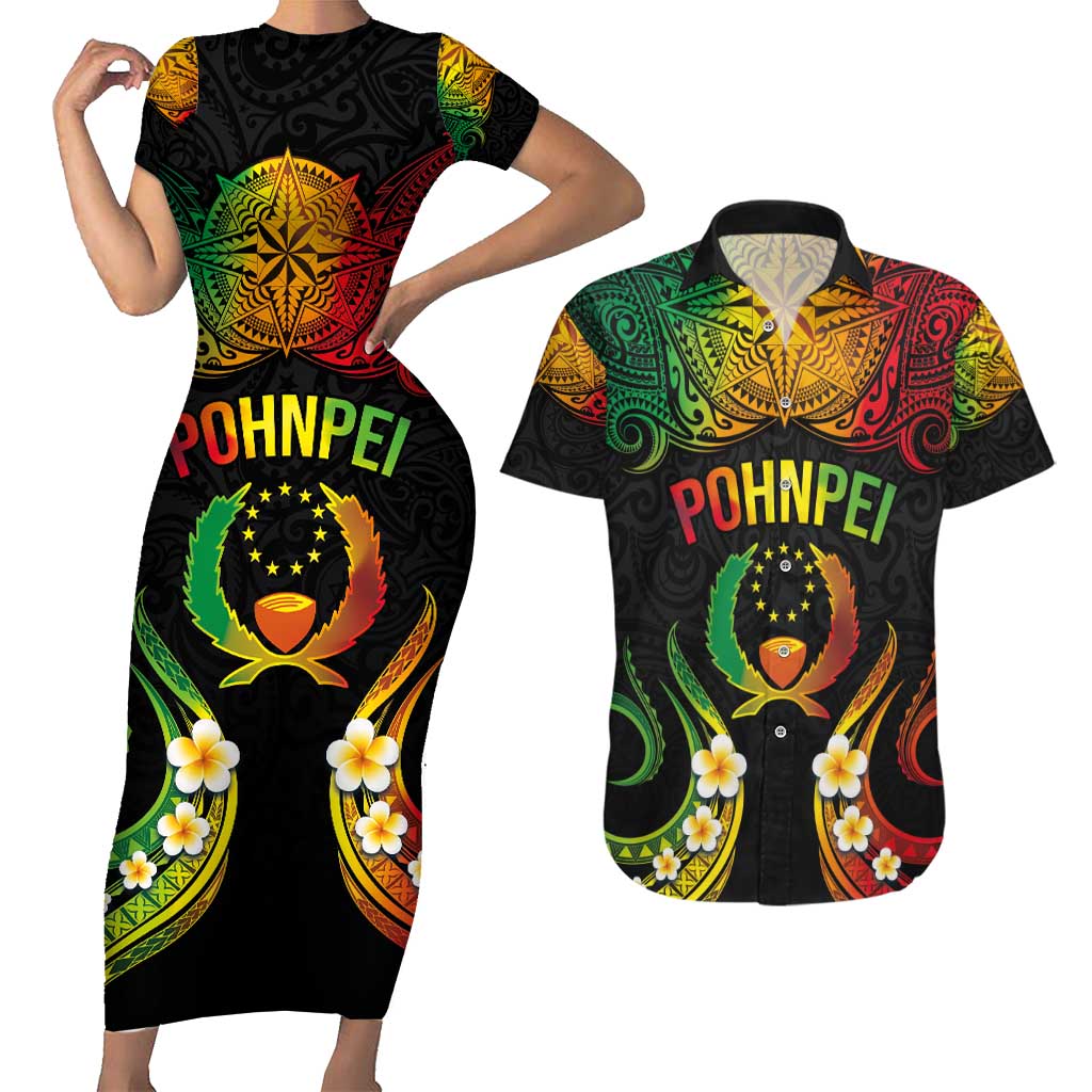 Personalised Pohnpei Independence Day Couples Matching Short Sleeve Bodycon Dress and Hawaiian Shirt Polynesian Tattoo and Plumeria Reggae Color LT03 Reggae - Polynesian Pride