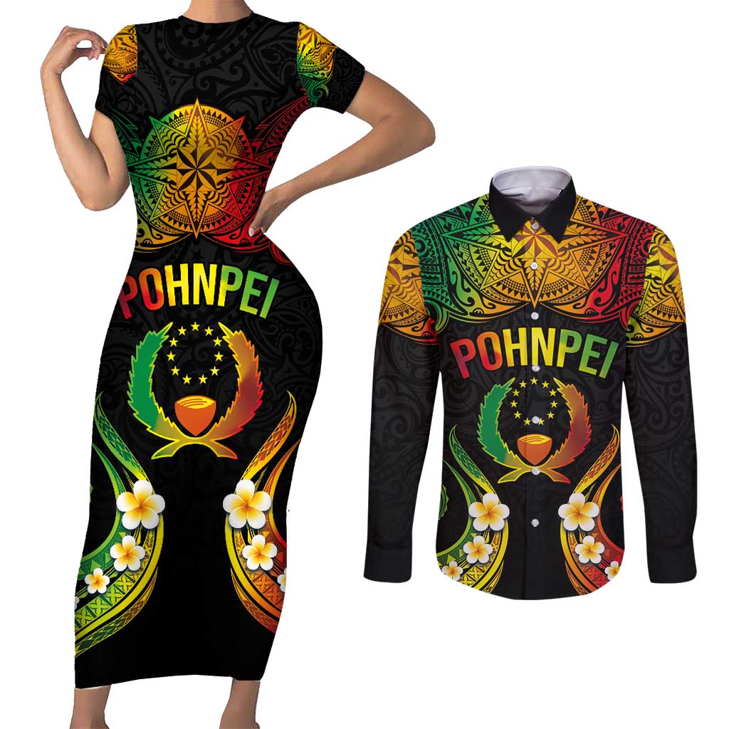 Personalised Pohnpei Independence Day Couples Matching Short Sleeve Bodycon Dress and Long Sleeve Button Shirt Polynesian Tattoo and Plumeria Reggae Color LT03 Reggae - Polynesian Pride