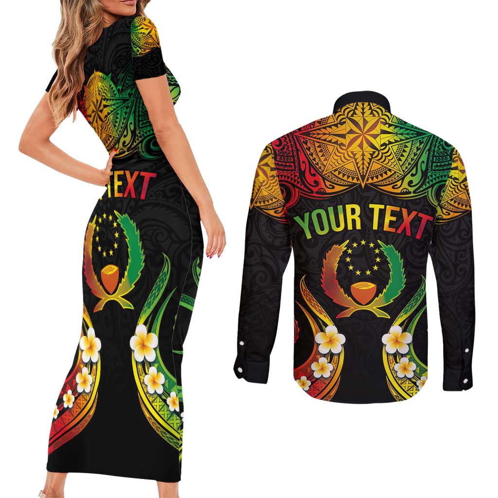 Personalised Pohnpei Independence Day Couples Matching Short Sleeve Bodycon Dress and Long Sleeve Button Shirt Polynesian Tattoo and Plumeria Reggae Color LT03 - Polynesian Pride