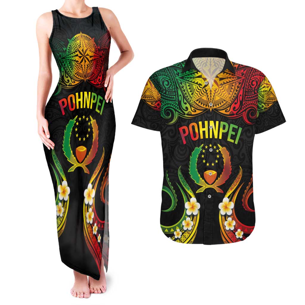 Personalised Pohnpei Independence Day Couples Matching Tank Maxi Dress and Hawaiian Shirt Polynesian Tattoo and Plumeria Reggae Color LT03 Reggae - Polynesian Pride