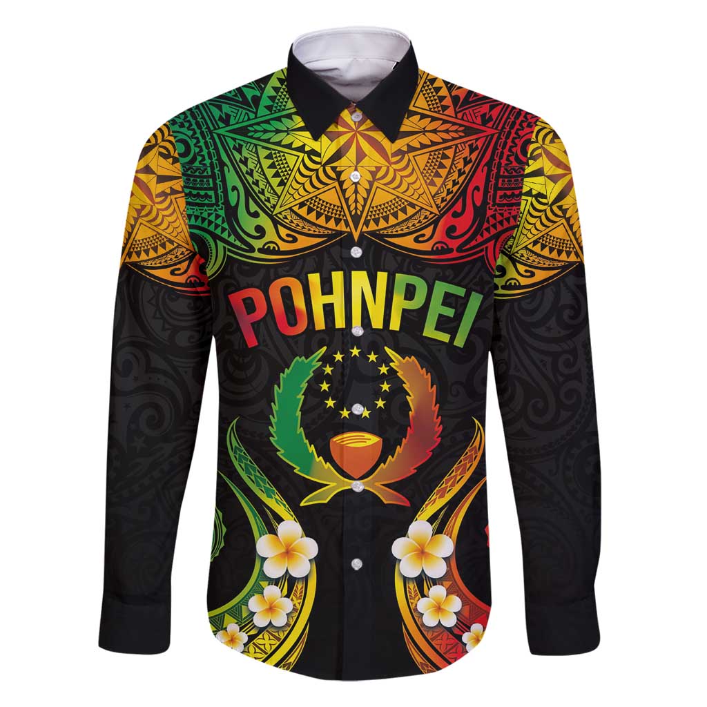 Personalised Pohnpei Independence Day Family Matching Long Sleeve Bodycon Dress and Hawaiian Shirt Polynesian Tattoo and Plumeria Reggae Color LT03 Dad's Shirt - Long Sleeve Reggae - Polynesian Pride