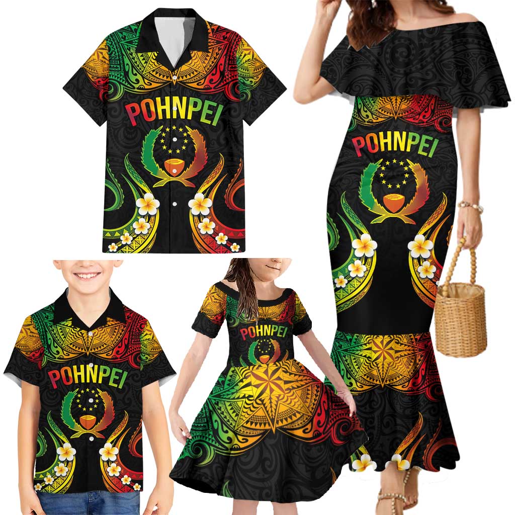 Personalised Pohnpei Independence Day Family Matching Mermaid Dress and Hawaiian Shirt Polynesian Tattoo and Plumeria Reggae Color LT03 - Polynesian Pride