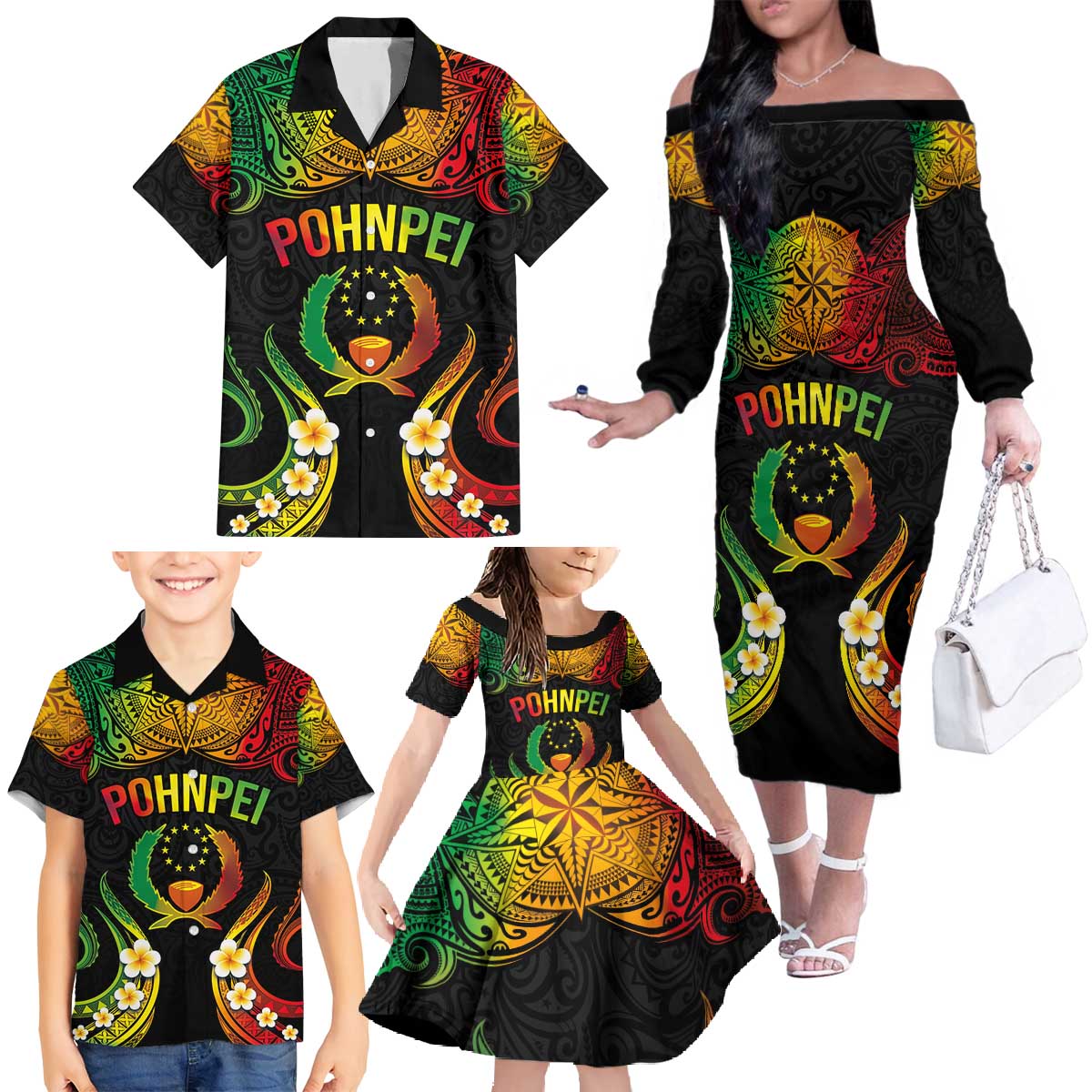 Personalised Pohnpei Independence Day Family Matching Off The Shoulder Long Sleeve Dress and Hawaiian Shirt Polynesian Tattoo and Plumeria Reggae Color LT03 - Polynesian Pride