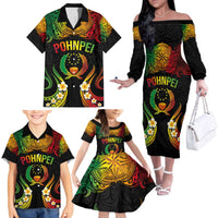 Personalised Pohnpei Independence Day Family Matching Off The Shoulder Long Sleeve Dress and Hawaiian Shirt Polynesian Tattoo and Plumeria Reggae Color LT03 - Polynesian Pride