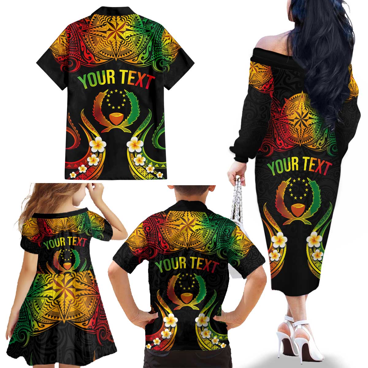 Personalised Pohnpei Independence Day Family Matching Off The Shoulder Long Sleeve Dress and Hawaiian Shirt Polynesian Tattoo and Plumeria Reggae Color LT03 - Polynesian Pride
