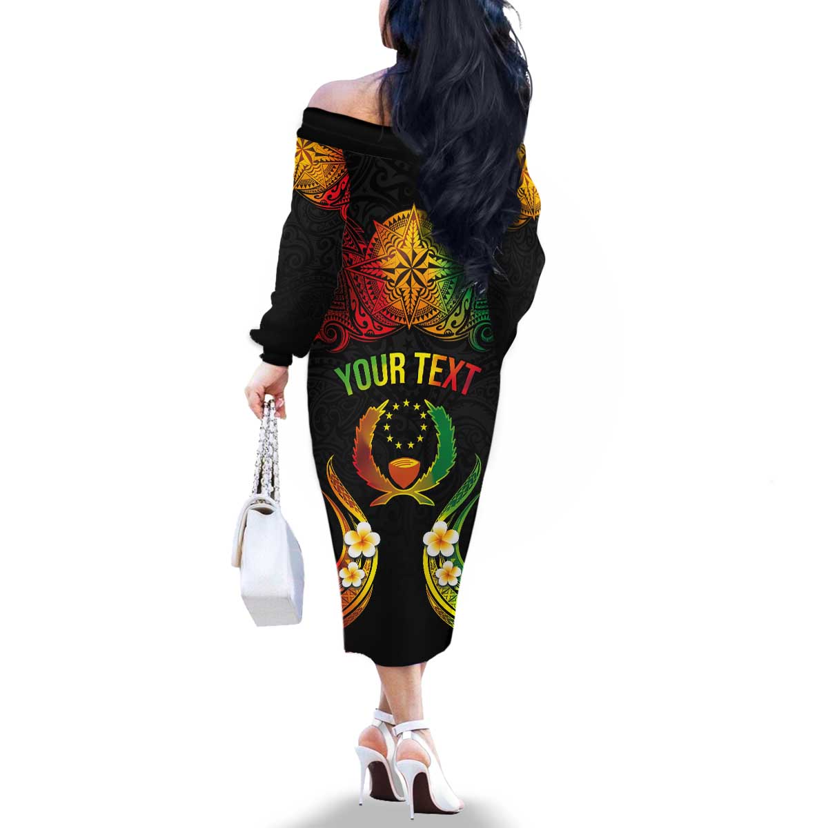 Personalised Pohnpei Independence Day Family Matching Off The Shoulder Long Sleeve Dress and Hawaiian Shirt Polynesian Tattoo and Plumeria Reggae Color LT03 - Polynesian Pride