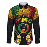 Personalised Pohnpei Independence Day Family Matching Off Shoulder Maxi Dress and Hawaiian Shirt Polynesian Tattoo and Plumeria Reggae Color LT03 Dad's Shirt - Long Sleeve Reggae - Polynesian Pride