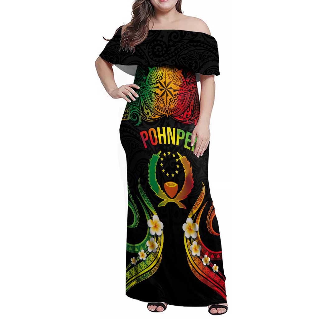 Personalised Pohnpei Independence Day Family Matching Off Shoulder Maxi Dress and Hawaiian Shirt Polynesian Tattoo and Plumeria Reggae Color LT03 Mom's Dress Reggae - Polynesian Pride