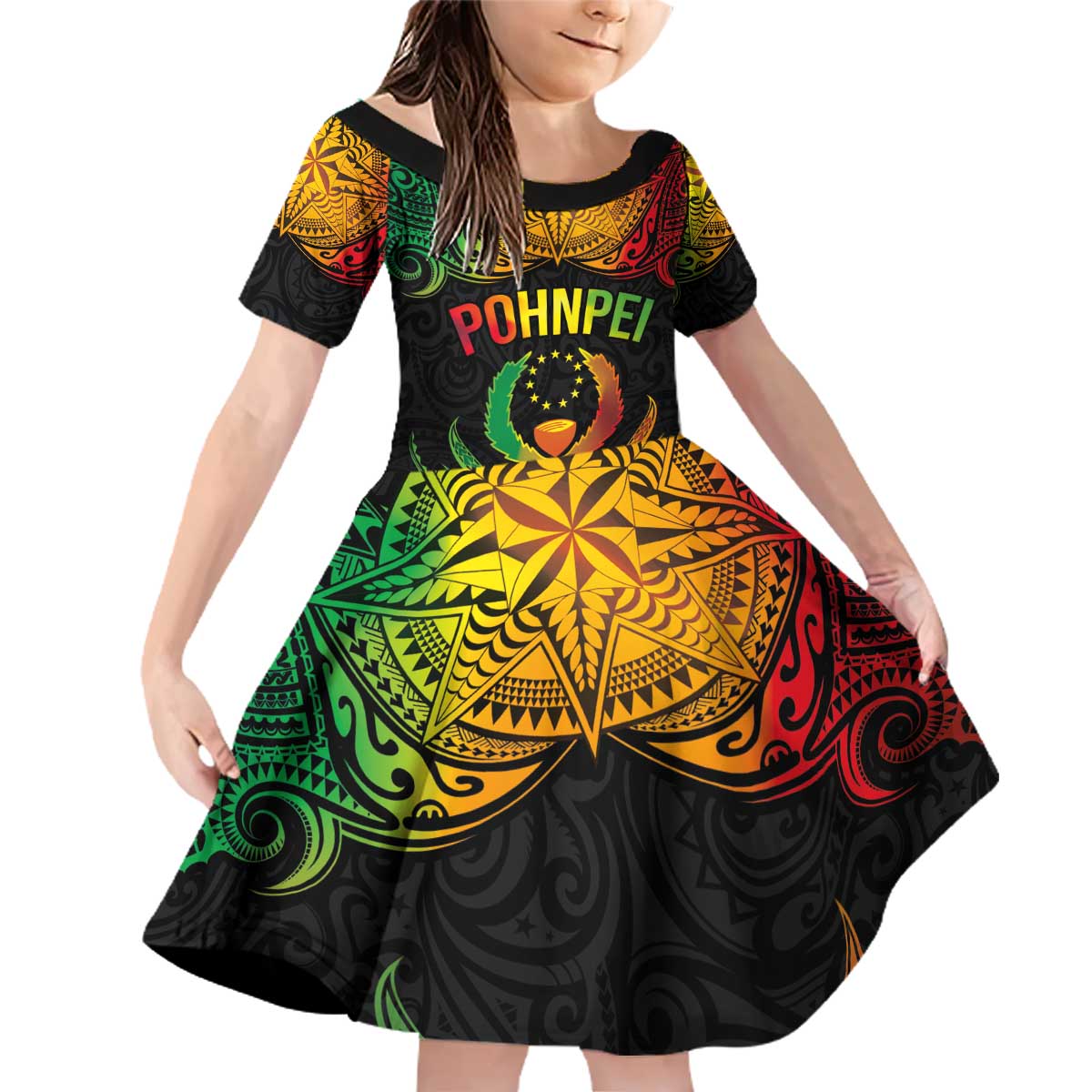 Personalised Pohnpei Independence Day Family Matching Off Shoulder Short Dress and Hawaiian Shirt Polynesian Tattoo and Plumeria Reggae Color LT03 Daughter's Dress Reggae - Polynesian Pride