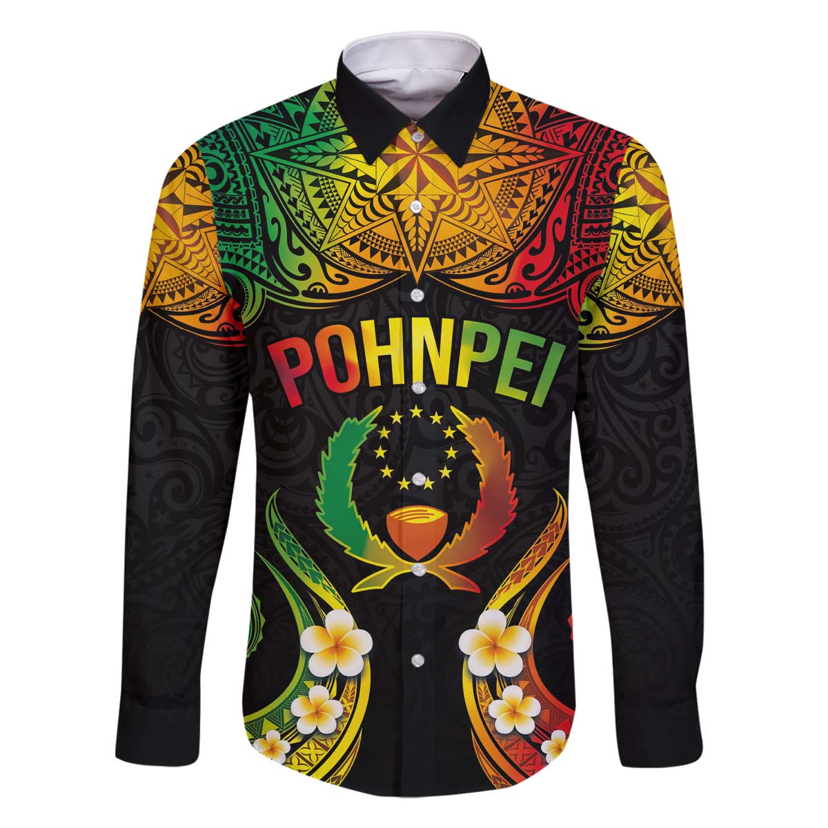 Personalised Pohnpei Independence Day Family Matching Off Shoulder Short Dress and Hawaiian Shirt Polynesian Tattoo and Plumeria Reggae Color LT03 Dad's Shirt - Long Sleeve Reggae - Polynesian Pride
