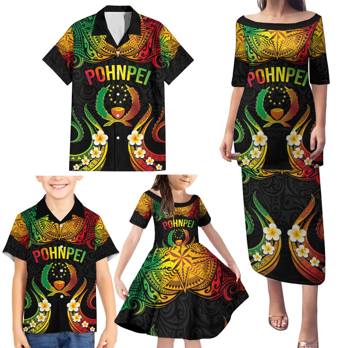 Personalised Pohnpei Independence Day Family Matching Puletasi and Hawaiian Shirt Polynesian Tattoo and Plumeria Reggae Color LT03 - Polynesian Pride