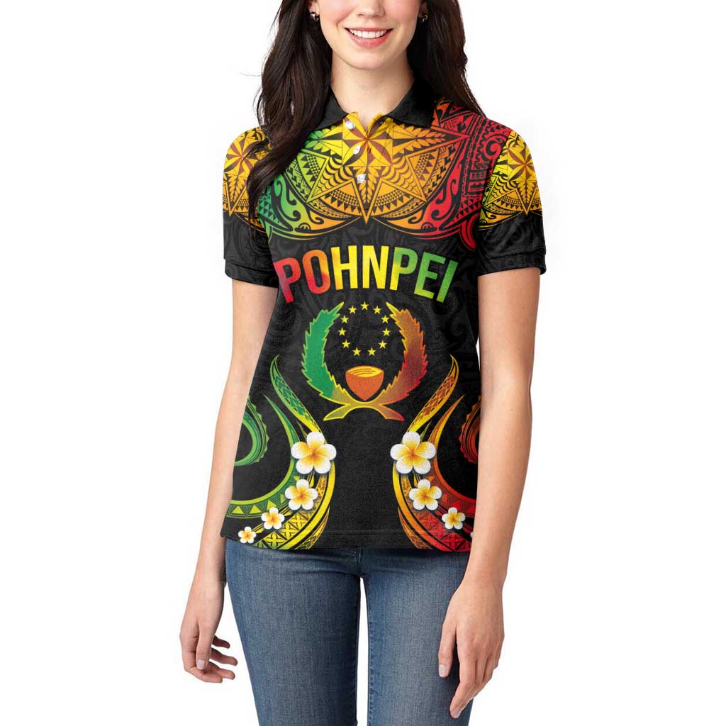Personalised Pohnpei Independence Day Women Polo Shirt Polynesian Tattoo and Plumeria Reggae Color