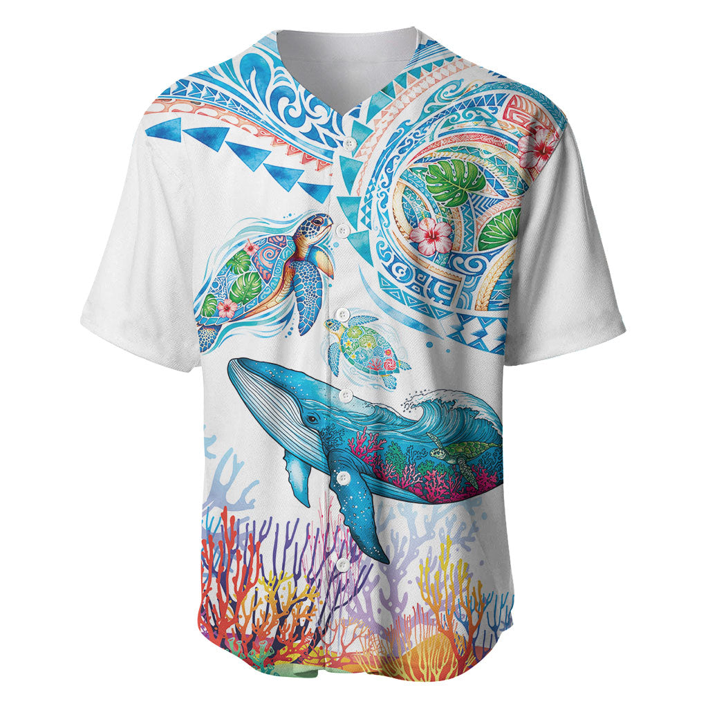 Hawaiian Turtles and Whales Baseball Jersey Polynesian Tropical Tattoo Ocean Style LT03 Multicolor - Polynesian Pride