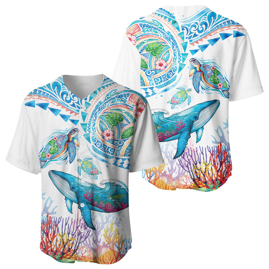 Hawaiian Turtles and Whales Baseball Jersey Polynesian Tropical Tattoo Ocean Style LT03 - Polynesian Pride