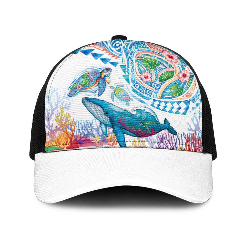 Hawaiian Turtles and Whales Baseball Net Cap Polynesian Tropical Tattoo Ocean Style LT03 One Size Black Multicolor - Polynesian Pride