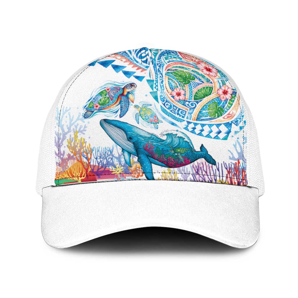 Hawaiian Turtles and Whales Baseball Net Cap Polynesian Tropical Tattoo Ocean Style LT03 One Size White Multicolor - Polynesian Pride