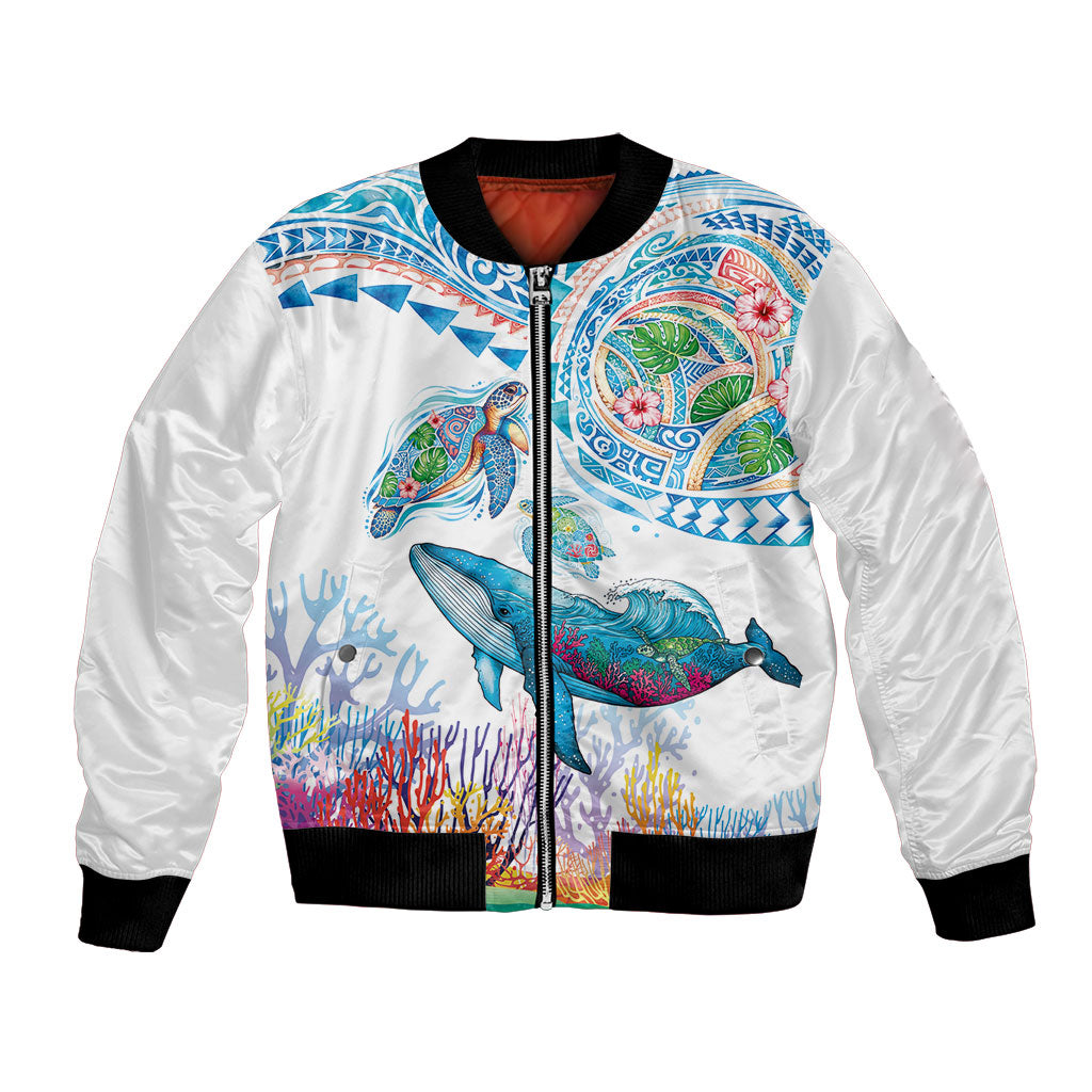 Hawaiian Turtles and Whales Bomber Jacket Polynesian Tropical Tattoo Ocean Style LT03 Unisex Multicolor - Polynesian Pride