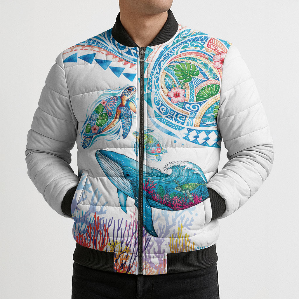 Hawaiian Turtles and Whales Bomber Puffer Jacket Polynesian Tropical Tattoo Ocean Style LT03 - Polynesian Pride