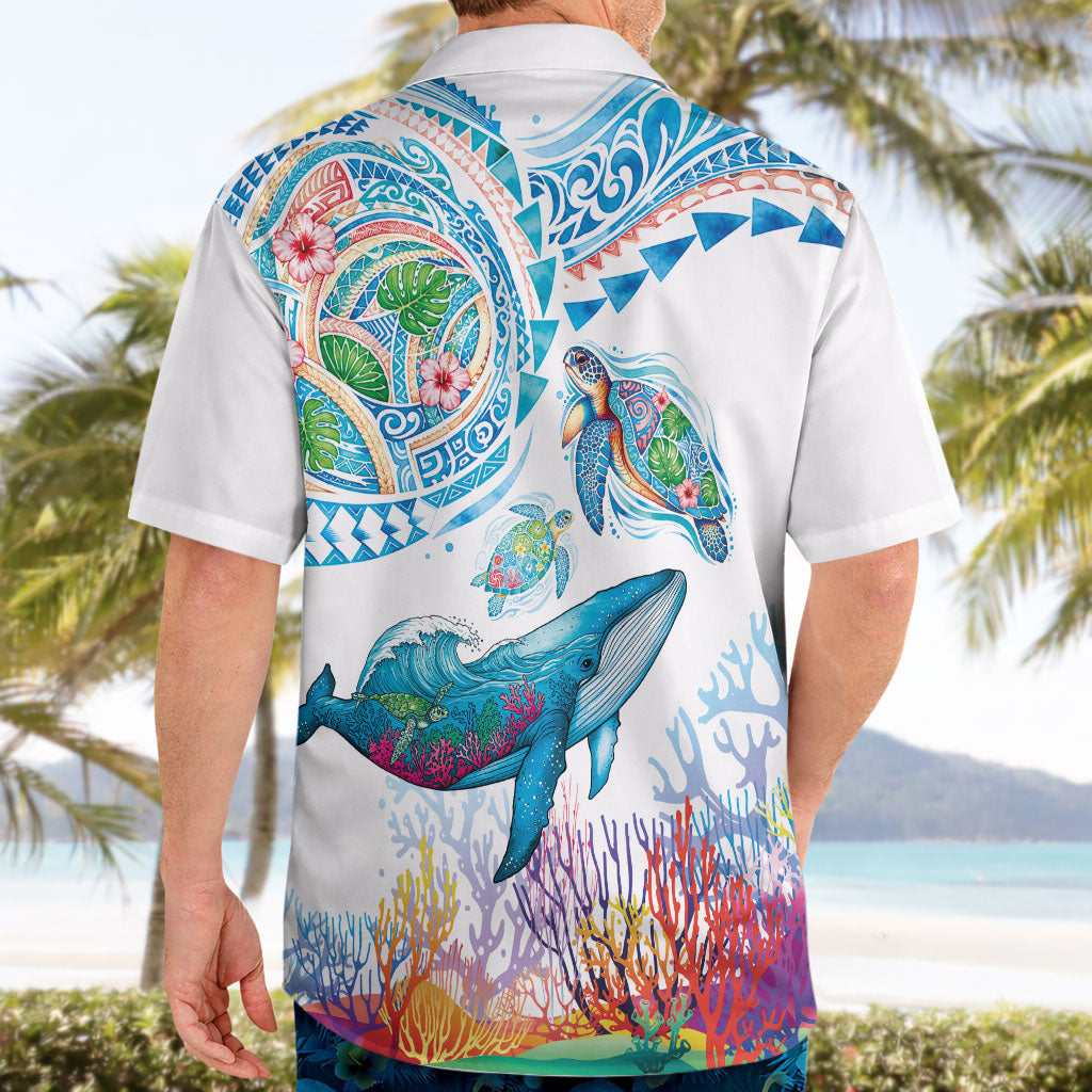 Hawaiian Turtles and Whales Hawaiian Shirt Polynesian Tropical Tattoo Ocean Style LT03 - Polynesian Pride