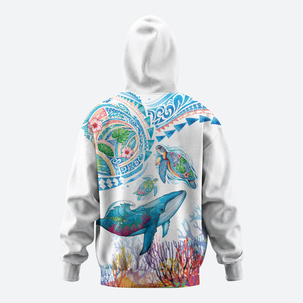 Hawaiian Turtles and Whales Hoodie Polynesian Tropical Tattoo Ocean Style LT03 - Polynesian Pride
