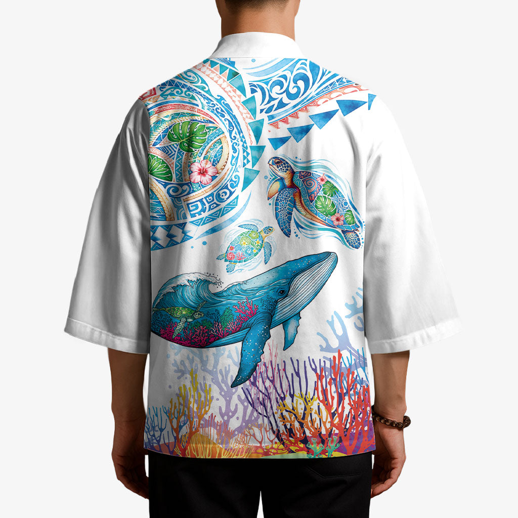Hawaiian Turtles and Whales Kimono Polynesian Tropical Tattoo Ocean Style LT03 - Polynesian Pride