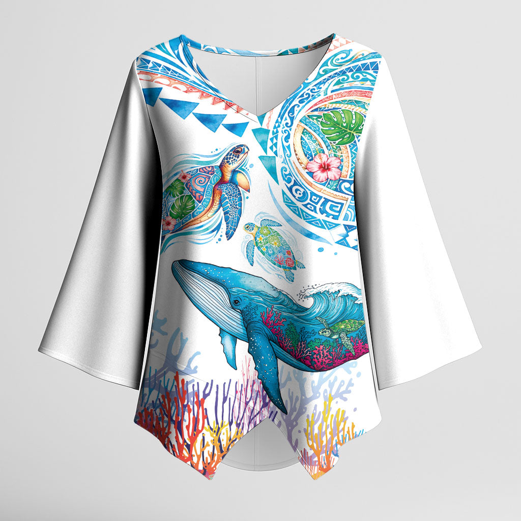 Hawaiian Turtles and Whales Kimono Sleeve Blouse Polynesian Tropical Tattoo Ocean Style LT03 Female Multicolor - Polynesian Pride