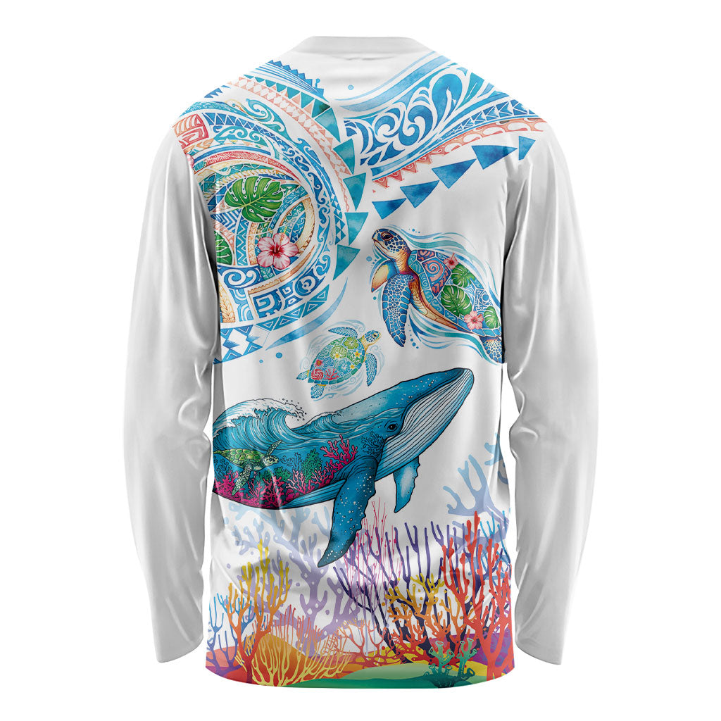 Hawaiian Turtles and Whales Long Sleeve Shirt Polynesian Tropical Tattoo Ocean Style LT03 - Polynesian Pride