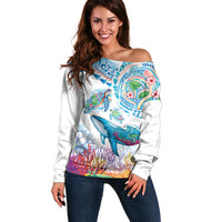 Hawaiian Turtles and Whales Off Shoulder Sweater Polynesian Tropical Tattoo Ocean Style LT03 Women Multicolor - Polynesian Pride