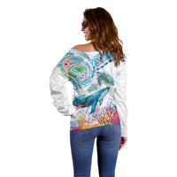 Hawaiian Turtles and Whales Off Shoulder Sweater Polynesian Tropical Tattoo Ocean Style LT03 - Polynesian Pride