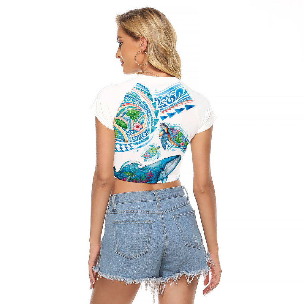 Hawaiian Turtles and Whales Raglan Cropped T Shirt Polynesian Tropical Tattoo Ocean Style LT03 - Polynesian Pride
