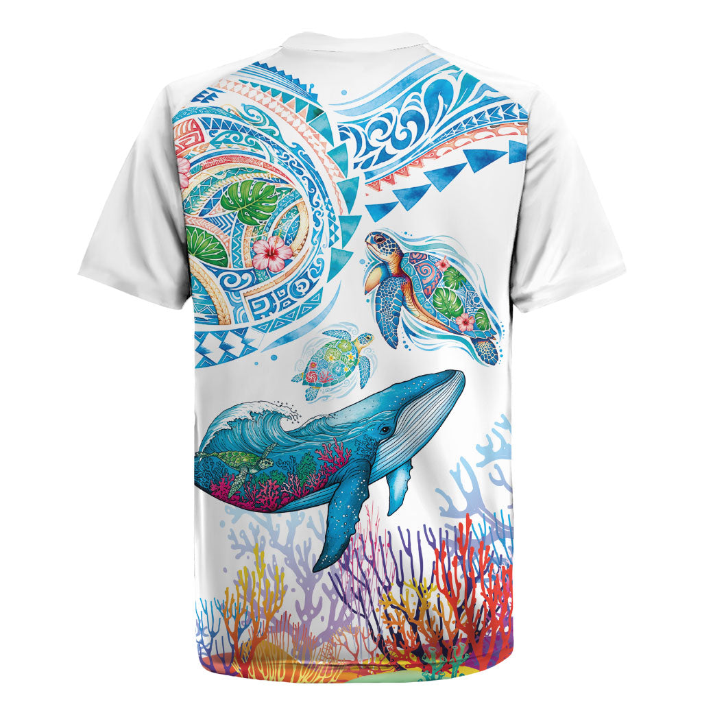 Hawaiian Turtles and Whales Rugby Jersey Polynesian Tropical Tattoo Ocean Style LT03 - Polynesian Pride