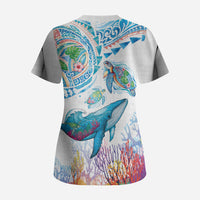 Hawaiian Turtles and Whales Scrub Top Polynesian Tropical Tattoo Ocean Style LT03 - Polynesian Pride