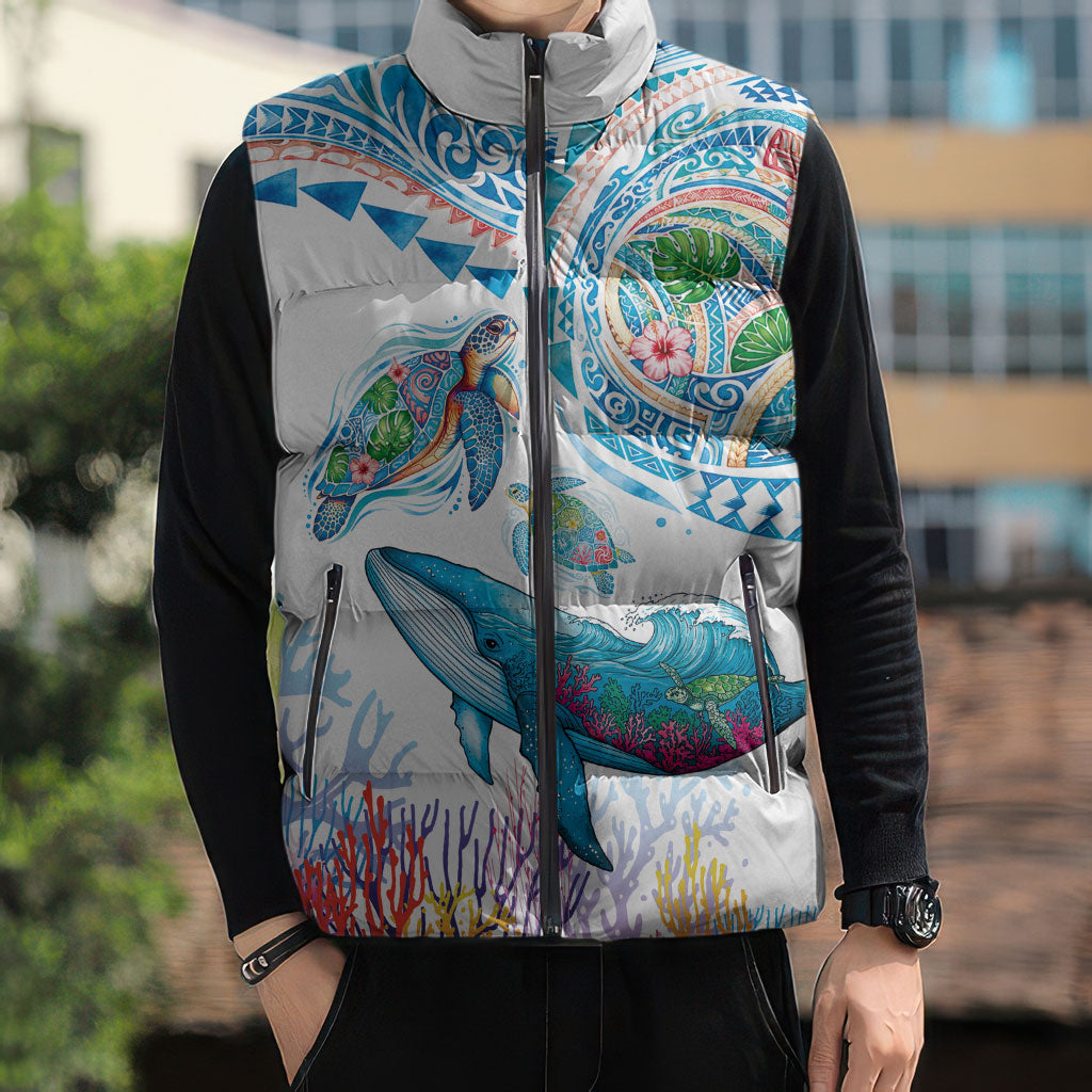 Hawaiian Turtles and Whales Sleeveless Puffer Jacket Polynesian Tropical Tattoo Ocean Style LT03 - Polynesian Pride