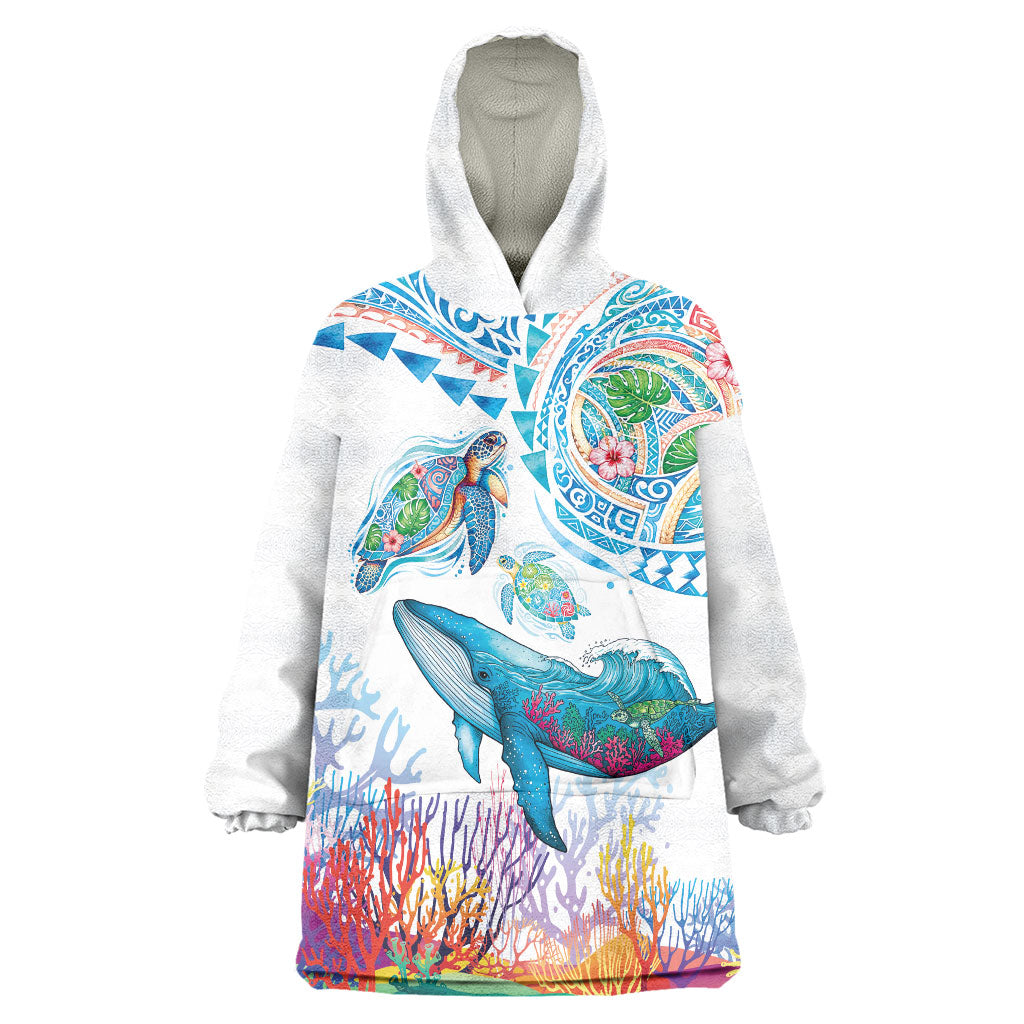 Hawaiian Turtles and Whales Wearable Blanket Hoodie Polynesian Tropical Tattoo Ocean Style